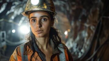 Focused Miner in a Hard Hat with Headlamp Underground photo