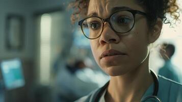 Close up of a woman with eyewear and a stethoscope at a vision care event photo