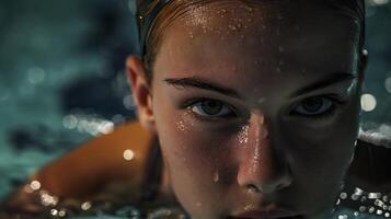 Barechested woman swimming in water, enjoying leisure and fun in the pool photo