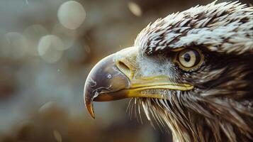 Closeup of a Bald Eagles face with a blurred background photo