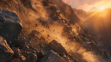 a mountain is erupting with a lot of rocks and dust coming out of it photo