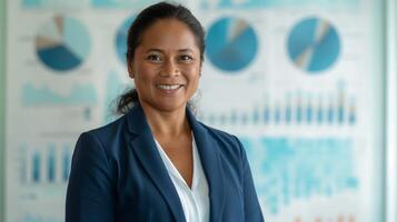 Professional Businesswoman in Office Environment, Analyzing Charts and Graphs for Data Presentation photo