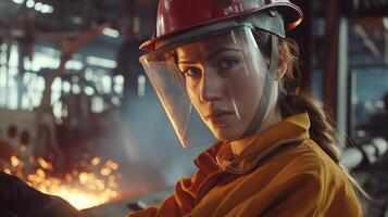 A woman in safety gear working at a factory with a hard hat and glasses photo