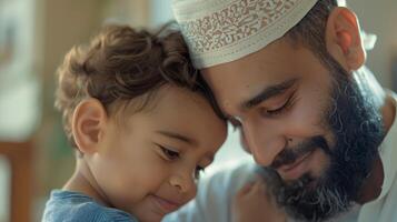 Bearded man holding a smiling child, sharing a happy moment photo