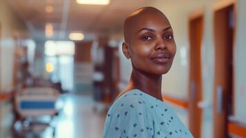 Confident Young African Woman in Hospital Gown Smiling in Healthcare Setting photo