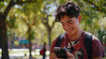 a young man is standing in a park looking at his cell phone photo