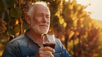 Elderly man smiling with stemware in hand at vineyard event photo