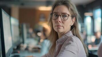 mujer con lentes sentado a computadora monitor en visión cuidado evento foto