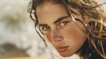 a close up of a woman s face with long hair and freckles photo