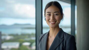 confidente asiático mujer de negocios en moderno oficina con panorámico ver - profesional retrato para corporativo utilizar foto