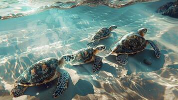 Group of reptile sea turtles gracefully swim in liquid underwater environment photo