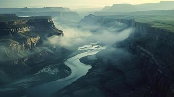 an aerial view of a river flowing through a canyon photo