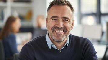 Confident Mature Businessman in Casual Office Setting, Smiling Professional Portrait for Corporate Use photo