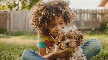 contento mezclado patrimonio niño con Rizado pelo y linda perrito en patio interior en un soleado día para verano familia estilo de vida fotografía y diseño foto