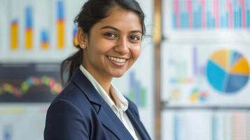 Professional Businesswoman Smiling, Analytics, Success, Office Environment, Strategic Planning photo
