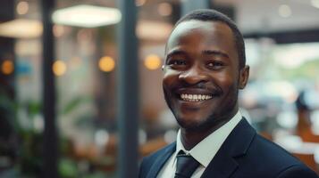 profesional africano hombre sonriente en moderno oficina ambiente, ideal para negocio liderazgo, corporativo temas foto