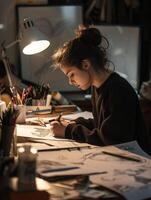 un mujer es sentado a un escritorio, ocupado escritura en un pedazo de papel en un Arte habitación foto