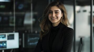 confidente profesional mujer en negro traje en moderno oficina, Listo para negocio presentación y corporativo reunión foto