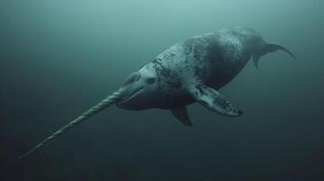 A narwhal with a lengthy hornlike tooth is diving underwater in the ocean photo