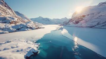 Icy lake amidst snowy mountains creates stunning natural landscape photo