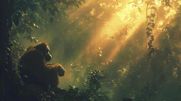 A gorilla relaxes in the jungle, surrounded by trees and sunlight photo