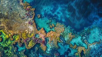 A stunning aerial view of an electric blue coral reef in the water photo