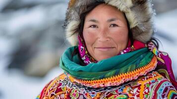 A woman, with a fur hat and stole, smiling in the snow photo