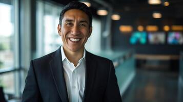 Confident Hispanic Businessman Posing in Modern Office for Professional Headshot photo