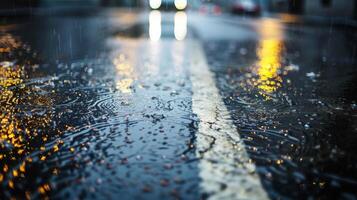 Car glides over wet asphalt, reflecting city lights on the road photo