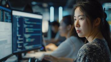 A woman is sitting in front of a computer monitor photo