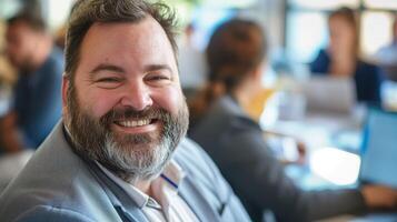 Professional Businessman Smiling in a Corporate Office Setting, Team Collaboration, Positive Workplace Environment photo