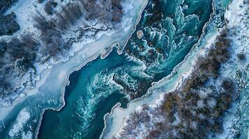 A river flowing through a snowy forest from an aerial view photo