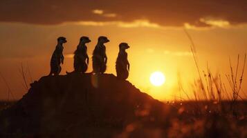 Meerkats on hill at sunset with sky, clouds, happy gestures, natural landscape photo