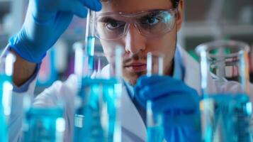Scientist observes electric blue liquid in glass beaker in laboratory photo
