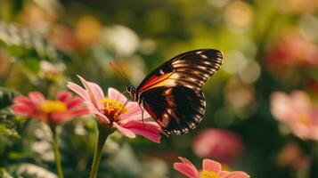 mariposa polinizando rosado flor en jardín, artrópodo en pétalo foto