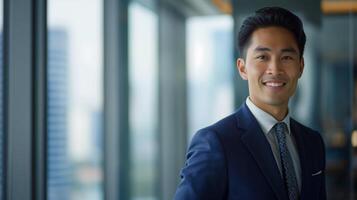 Professional Asian Businessman in Modern Office with City Skyline Background for Corporate and Professional Use photo