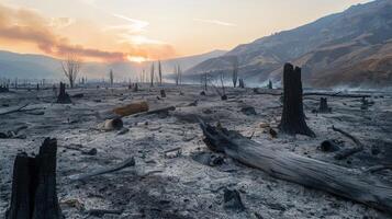 Post-Wildfire Landscape at Sunset photo