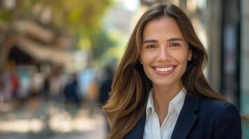 Professional Business Woman Smiling Outdoors in Urban Setting for Corporate, Advertising, Marketing photo