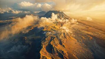 erupción de volcán visto a puesta de sol con nubes y atmosférico cielo foto