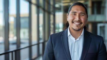 Diverse Businessman Smiling in Modern Office, Native American Professional, Business Portrait for Corporate Use photo