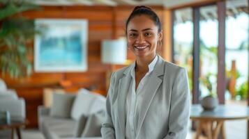 Professional Businesswoman in Modern Office Setting, Smiling, Confident, Business, Professional, Suit photo