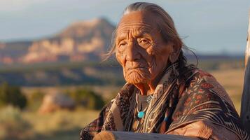 mayor nativo americano hombre con tradicional cobija en escénico del suroeste paisaje para cultural y patrimonio proyectos foto