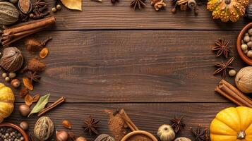 Wooden table adorned with spices and vegetables at event photo