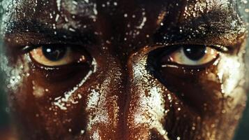 Intense Close-Up Portrait of a Determined Athlete with Sweat Dripping Down, Fitness and Determination Concept photo