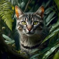 A cat in the rain wet forest photo
