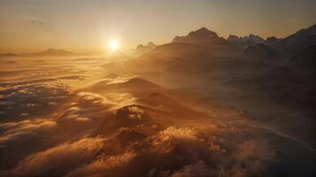 Cumulus clouds thinning over mountain range, sun shining through photo