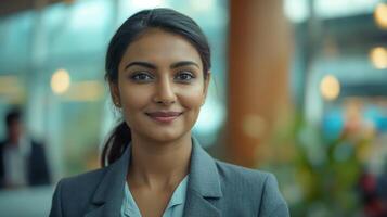 Professional South Asian Woman in Business Attire Smiling Confidently in Modern Office Setting for Corporate Use photo