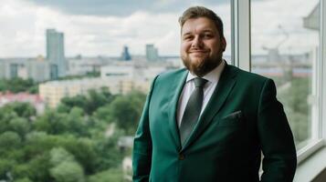 Confident Businessman in Green Suit with Urban Skyline Background, Professional Corporate Portrait for Office Marketing and Branding photo