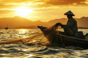 serenidad capturado.japonés pescador tambaleándose en su captura a puesta de sol foto