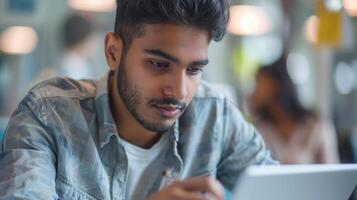 A young man at table smiles while using tablet, sharing fun photo